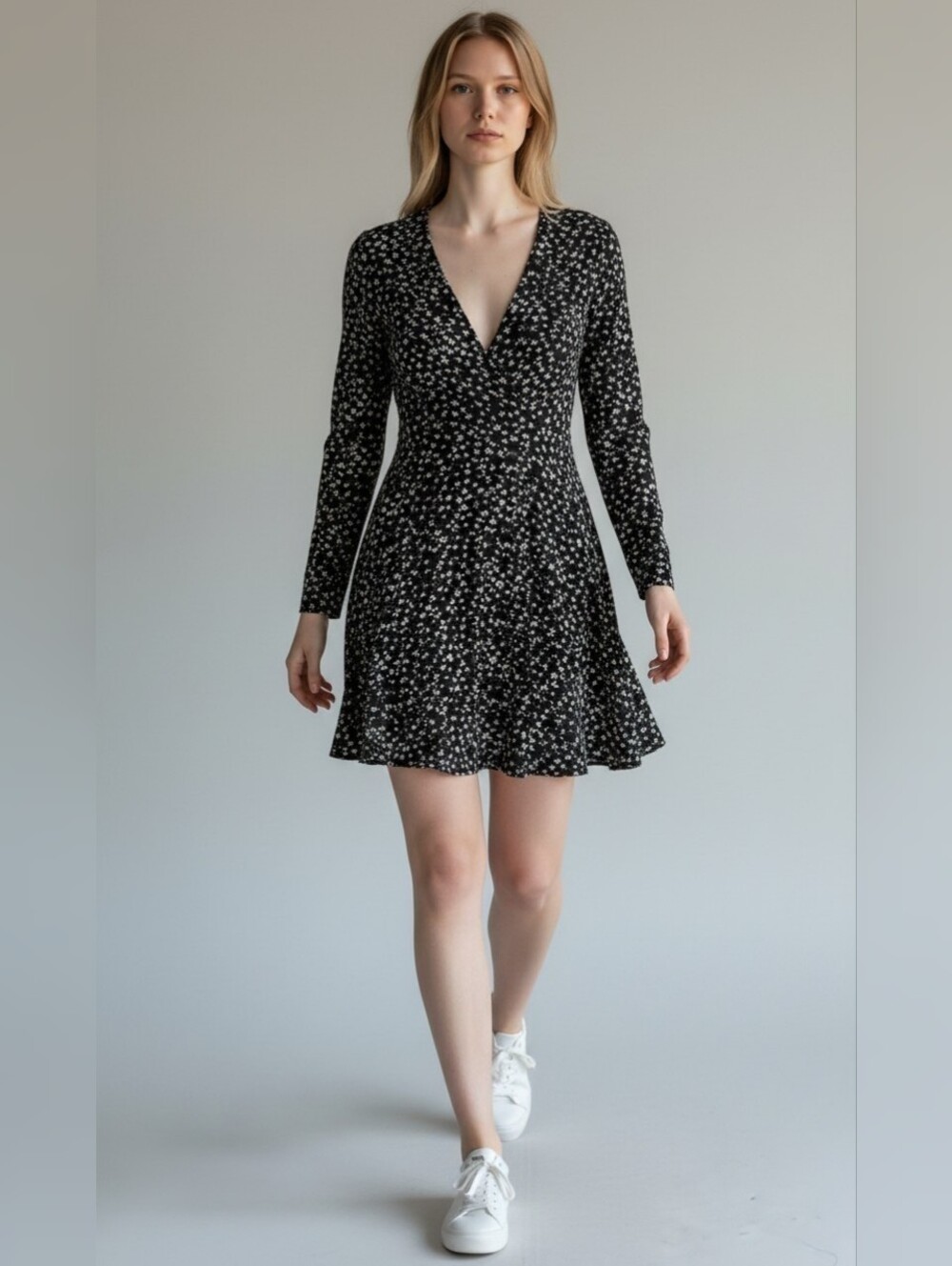 Equipment Black Floral Long-Sleeve V-Neck Mini Dress Silk Size 12